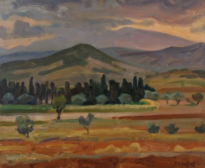 Kapandriti, Dusk — Oil painting, Fiberboard, 38.00×46.00cm — Theodoros Markellos